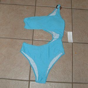 NEW Textured Bright Blue Sz Large Cut Out Side One Shoulder 1 Pc Swim Suit